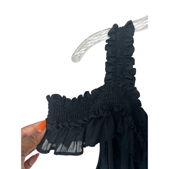 Anthropologie Black Ruffle Shoulder Cut Out Lightweight Semi Sheer Top Size XL - Picture 6 of 9